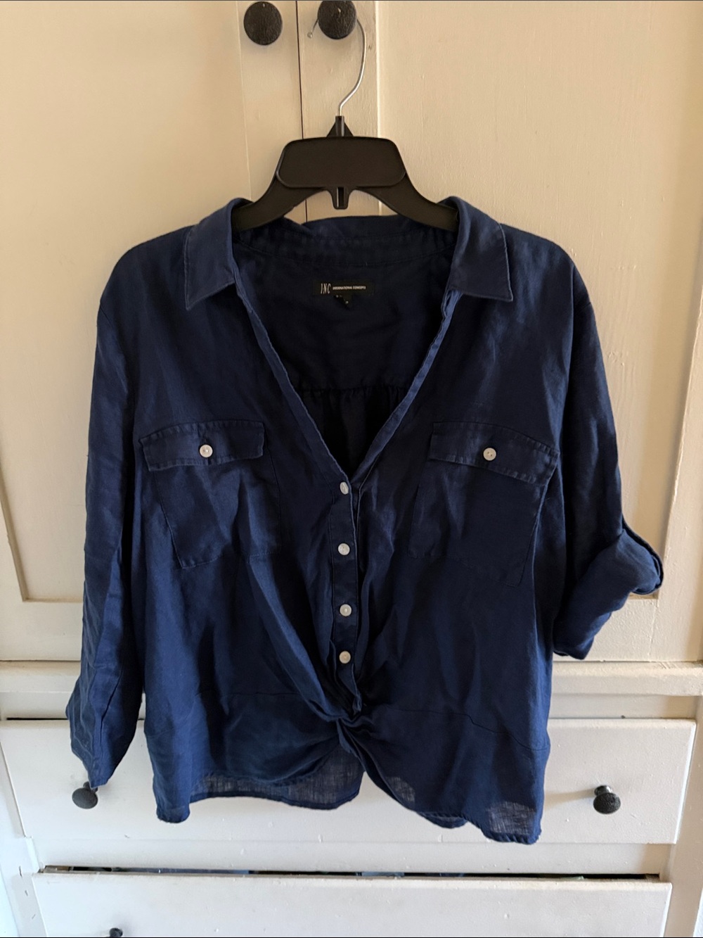 Linen Navy Button Front Women’s quarter sleeve Top
